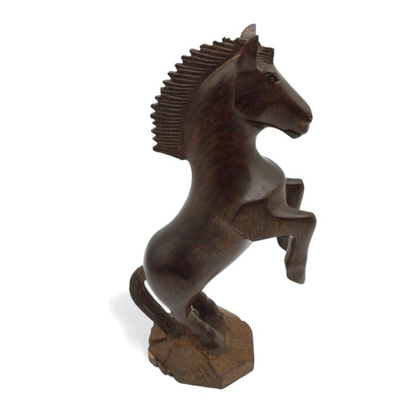 WOODEN HORSE Rearing Figurine Prancing Brown Sculpture Vintage 13" - Picture 2 of 12
